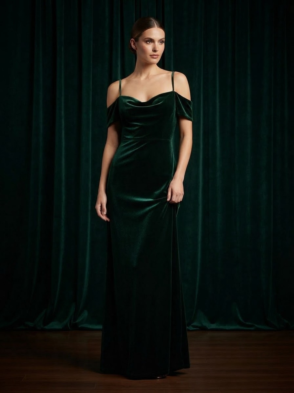Take 50% OFF-B.Smart Elegant Dark Green Velvet Off-Shoulder Maxi Dress, Size-S